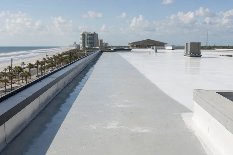 Elastomeric coating candidate roof surface with aging commercial roof membrane
